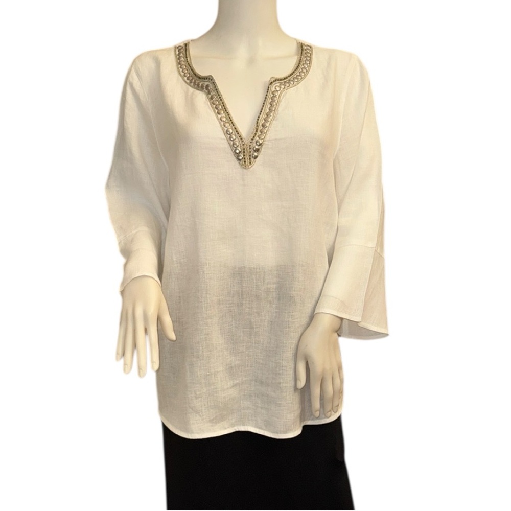 J. Jill White Linen Embellished Blouse Size Medium